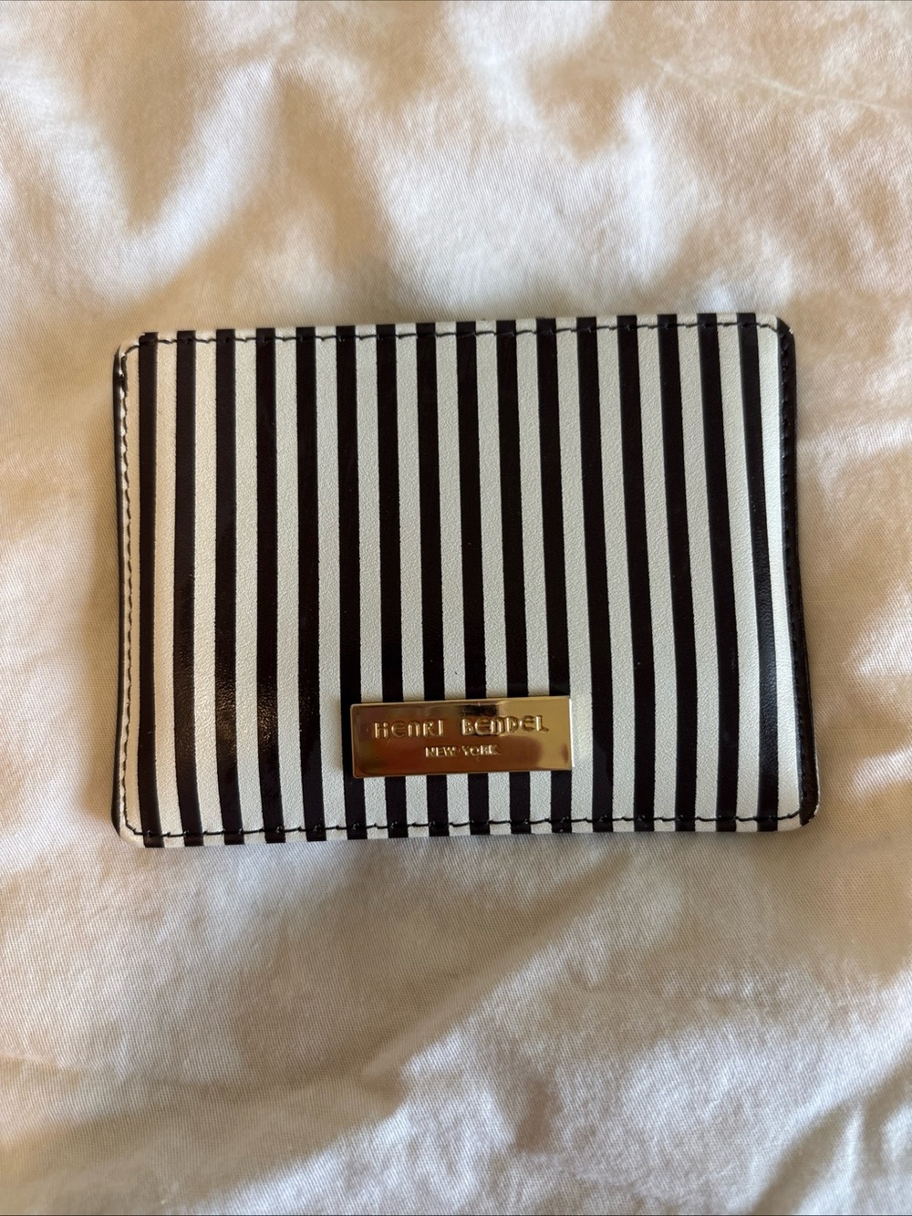 henri bendel Black and White Stripe Card Holder with Gold Plate